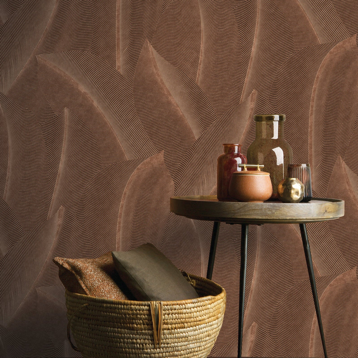 Allure Leaf Wallpaper - Brown room view