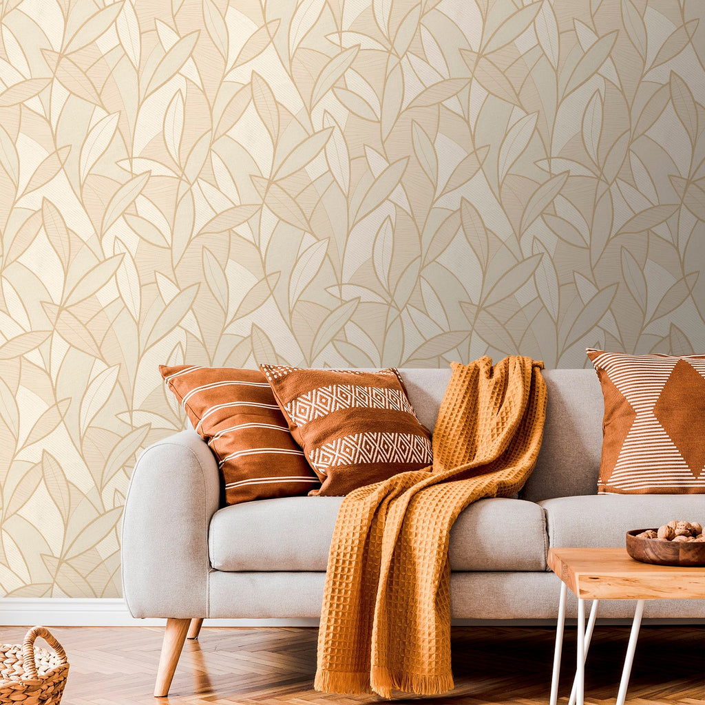 Carved Leaf Wallpaper - Beige room view