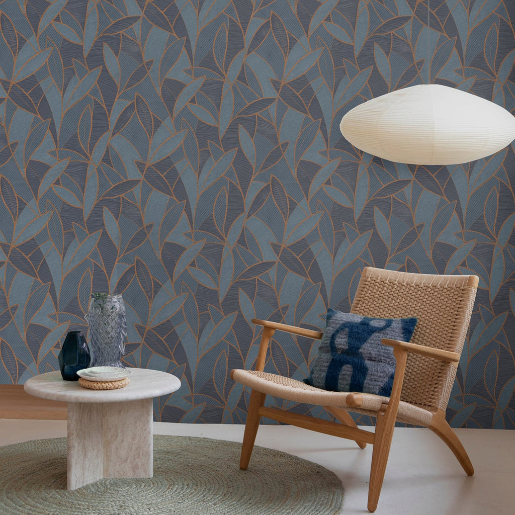 Carved Leaf Wallpaper - Navy room view