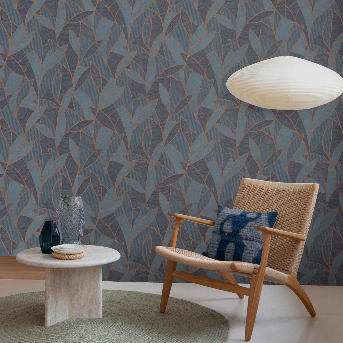 Carved Leaf Wallpaper - Navy room view