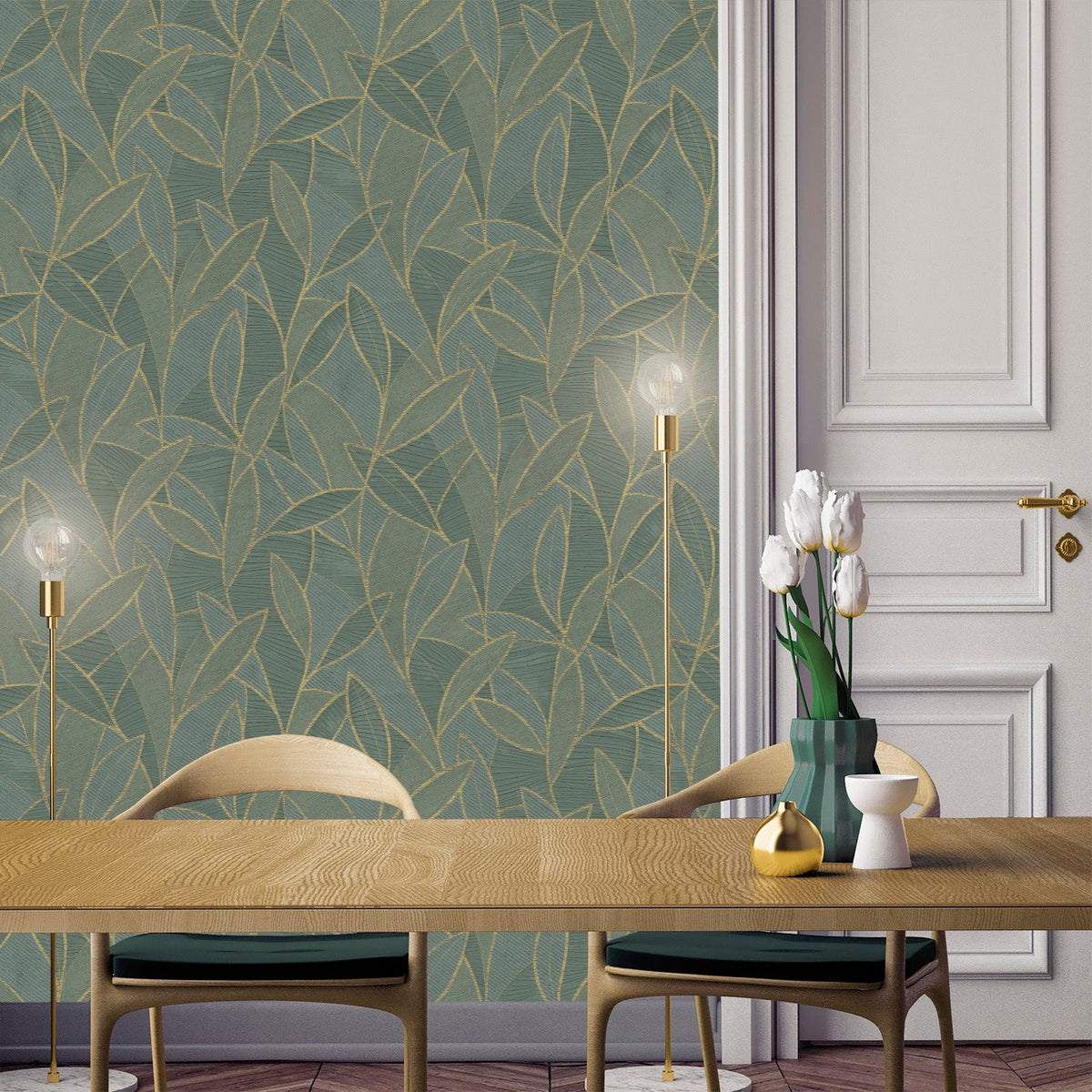 Carved Leaf Wallpaper - Green room view