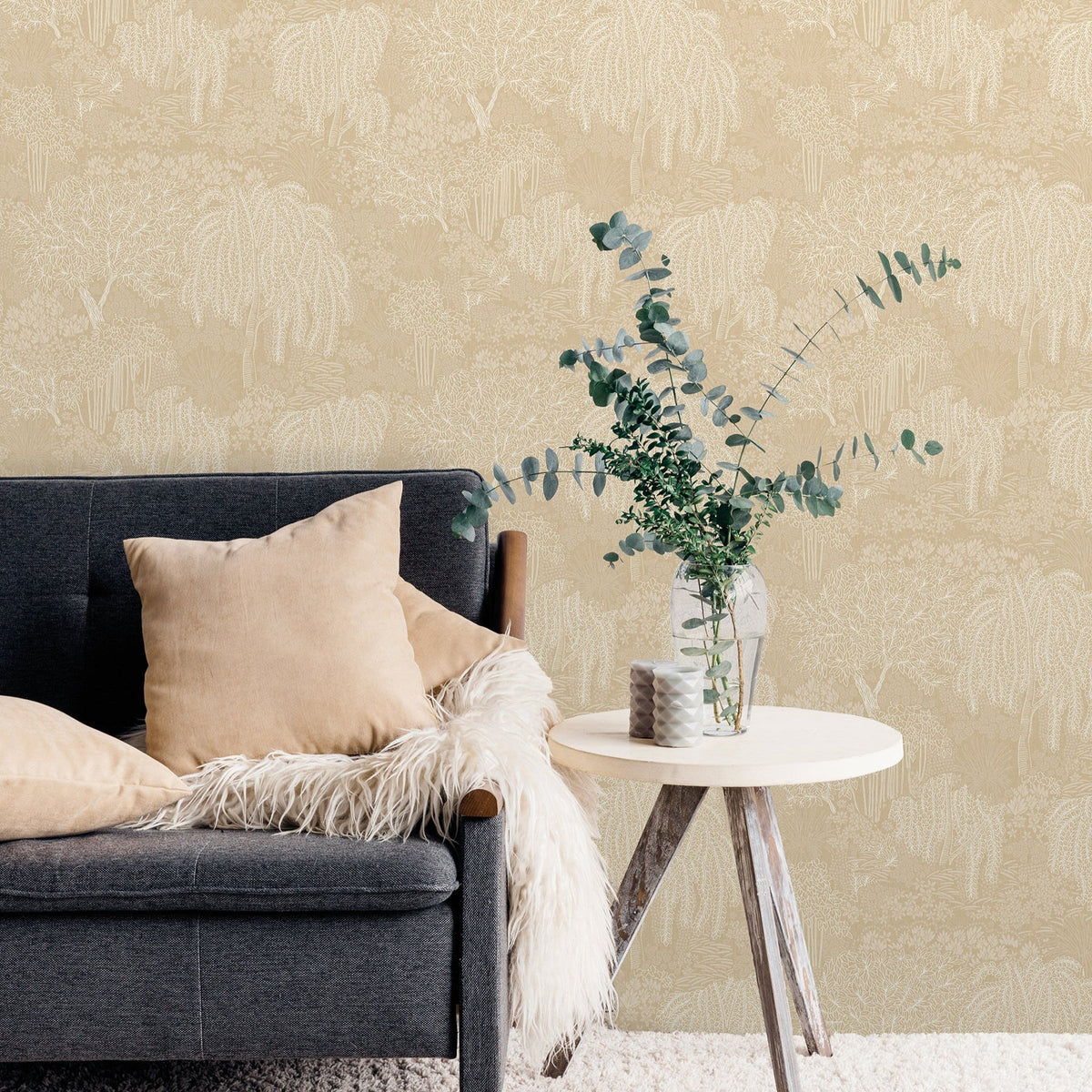 Willow Whisper Wallpaper - Beige room view