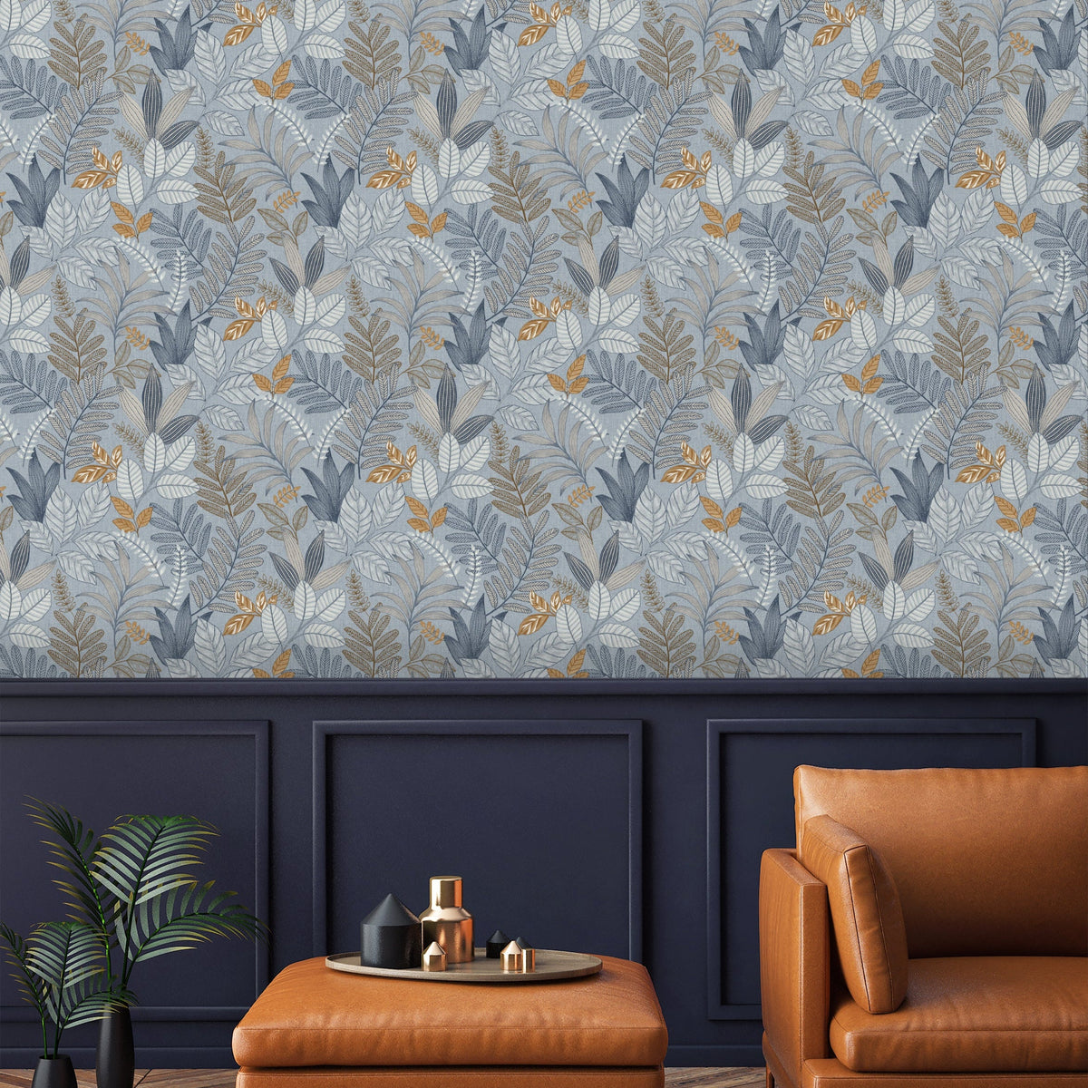 Allure Foliage Wallpaper - Blue room view