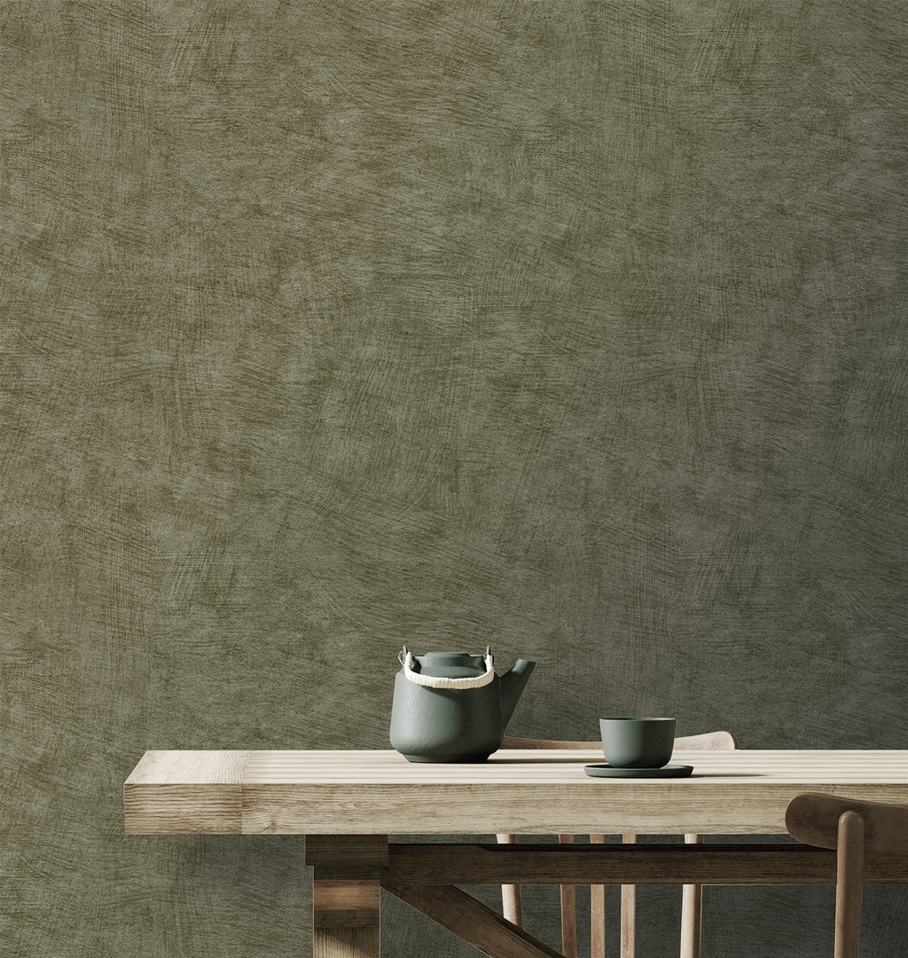 Pampas Plain Brushed Texture Wallpaper - Green room view