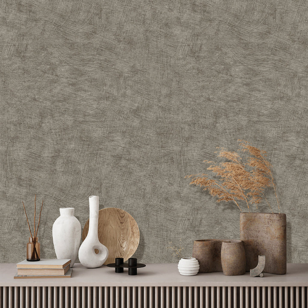Pampas Plain Brushed Texture Wallpaper - Gray room view