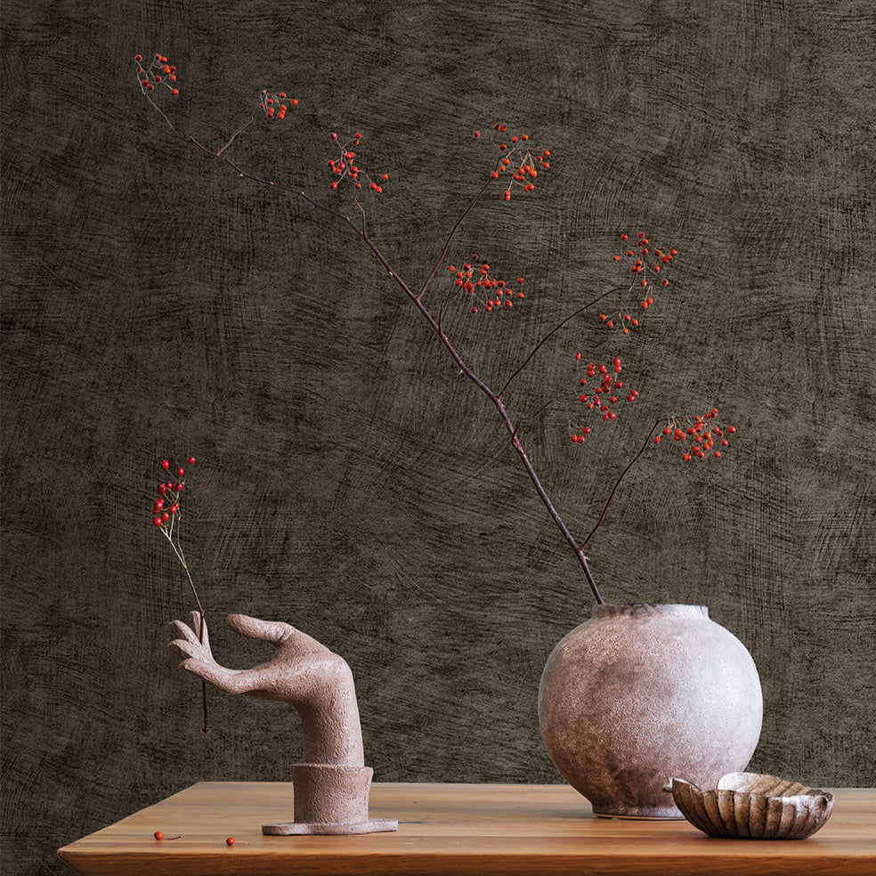 Pampas Plain Brushed Texture Wallpaper - Black room view