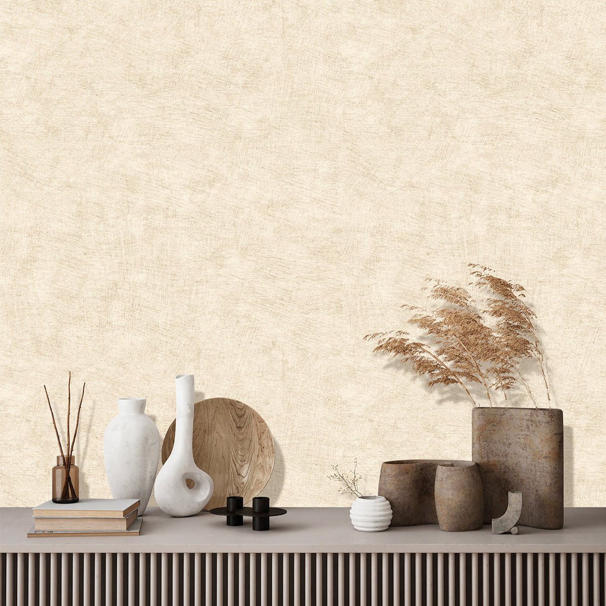 Pampas Plain Brushed Texture Wallpaper - Tan room view