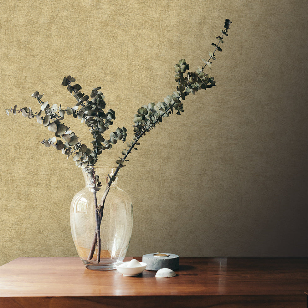 Pampas Plain Brushed Texture Wallpaper - Gold room view