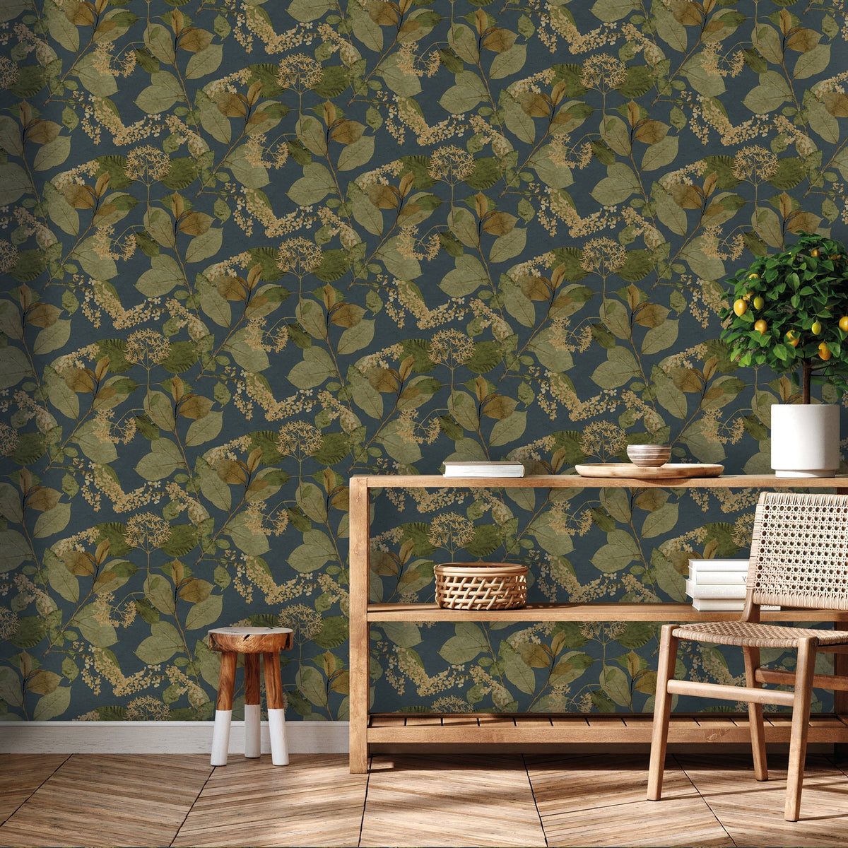 Castanum Bloom Wallpaper - Navy room view