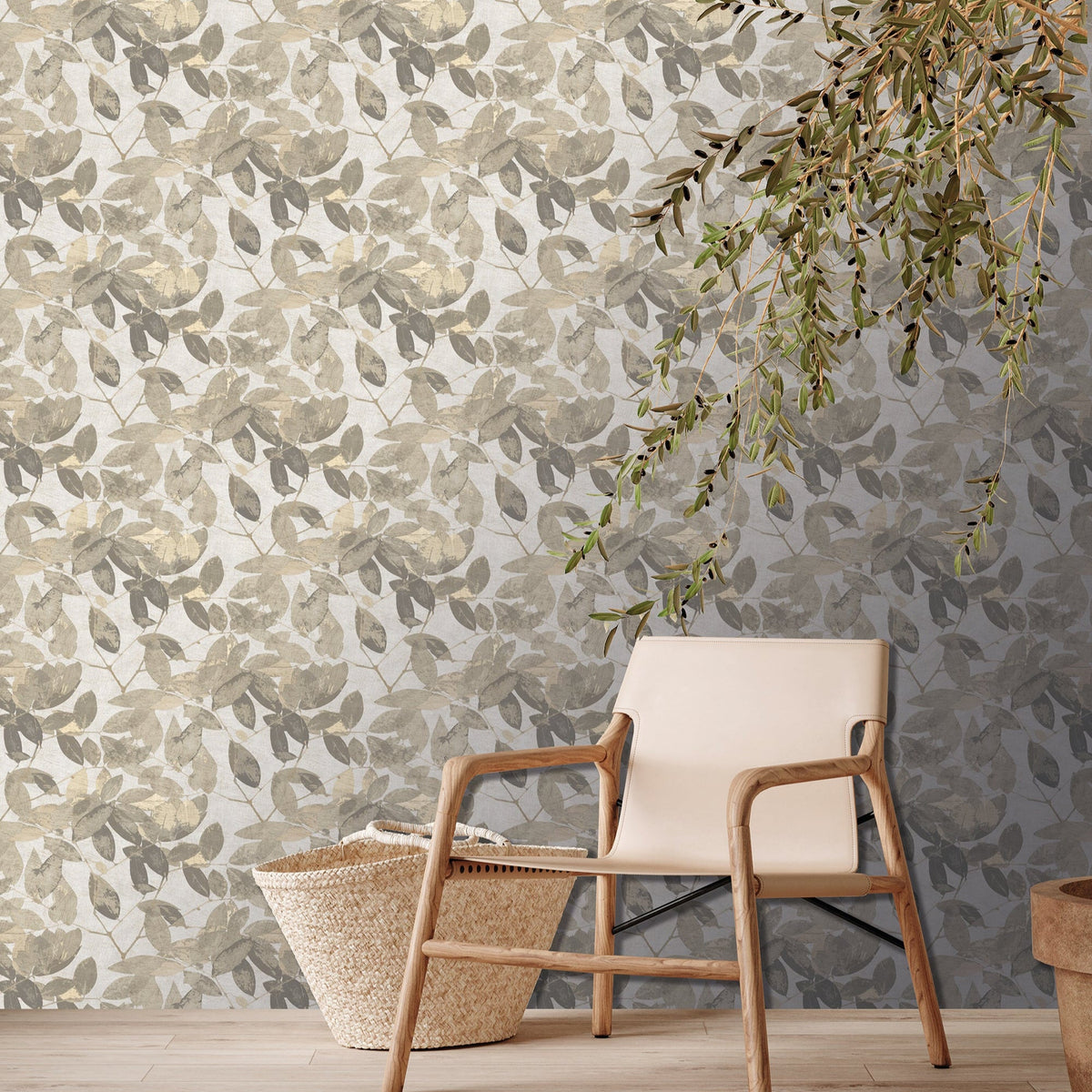 Beech Leaves Wallpaper - Taupe room view