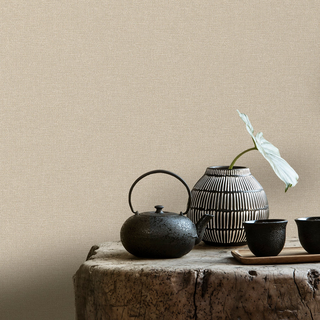 Chanel Linen Blend Wallpaper - Tan room view