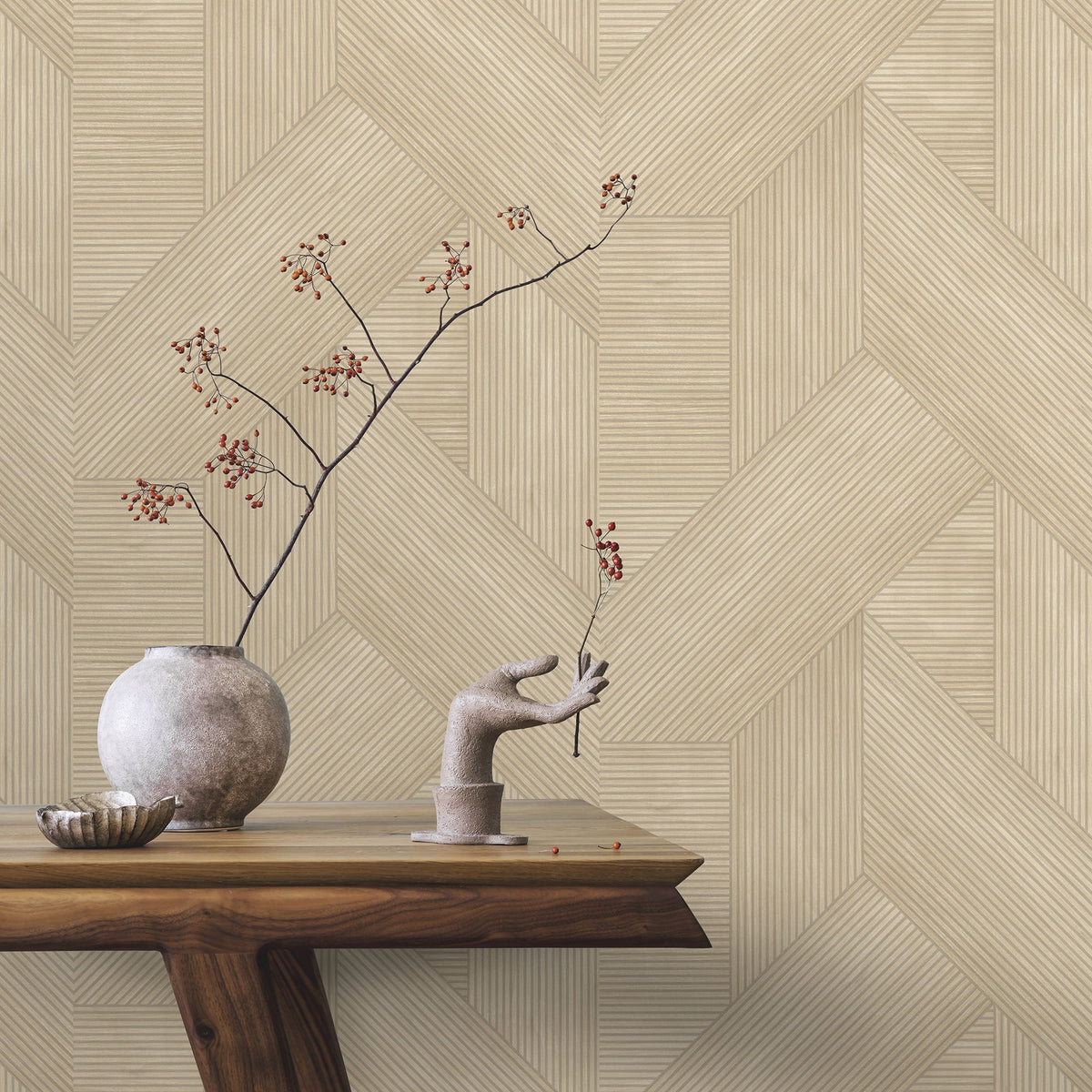 Sculpted Chevron Wood Panels Wallpaper - Beige room view