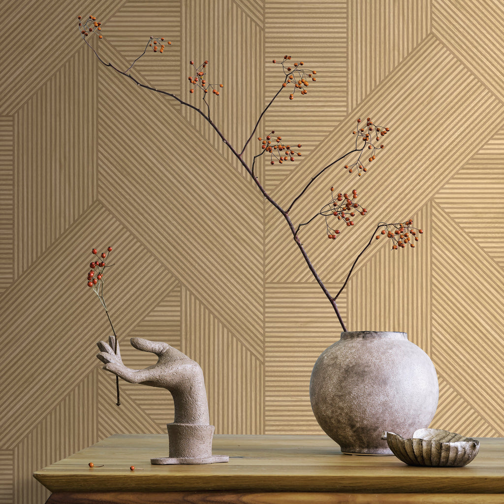 Sculpted Chevron Wood Panels Wallpaper - Tan room view