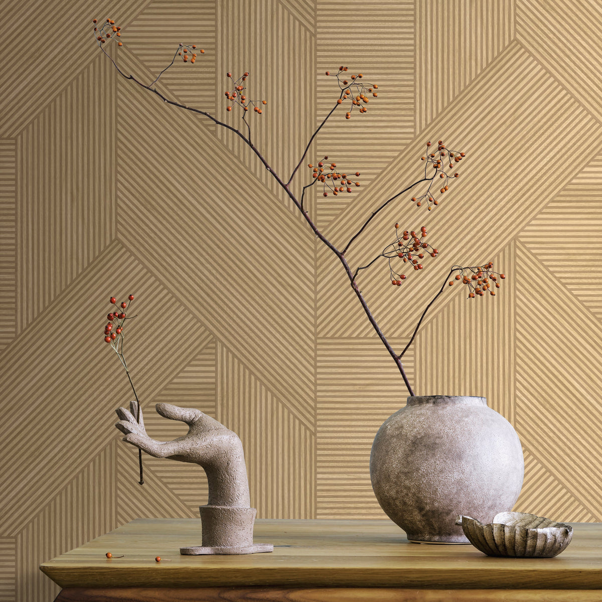 Sculpted Chevron Wood Panels Wallpaper - Tan room view