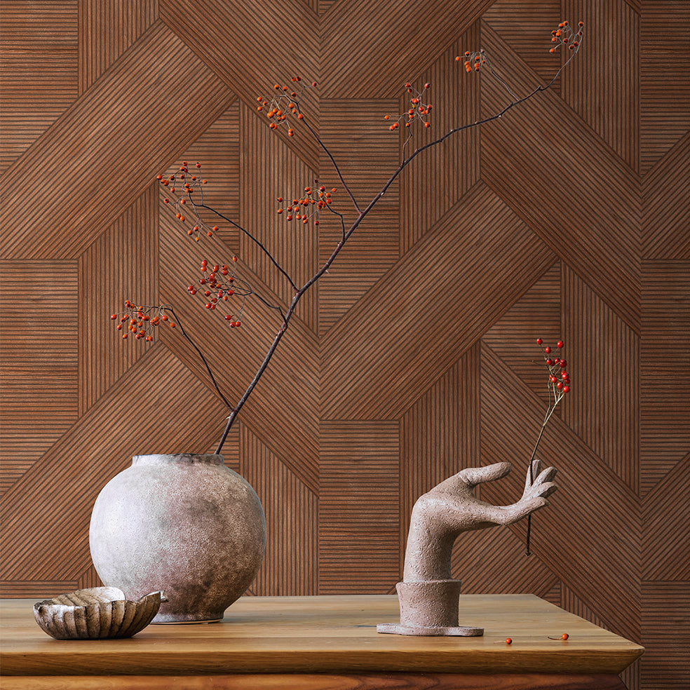 Sculpted Chevron Wood Panels Wallpaper - Red room view