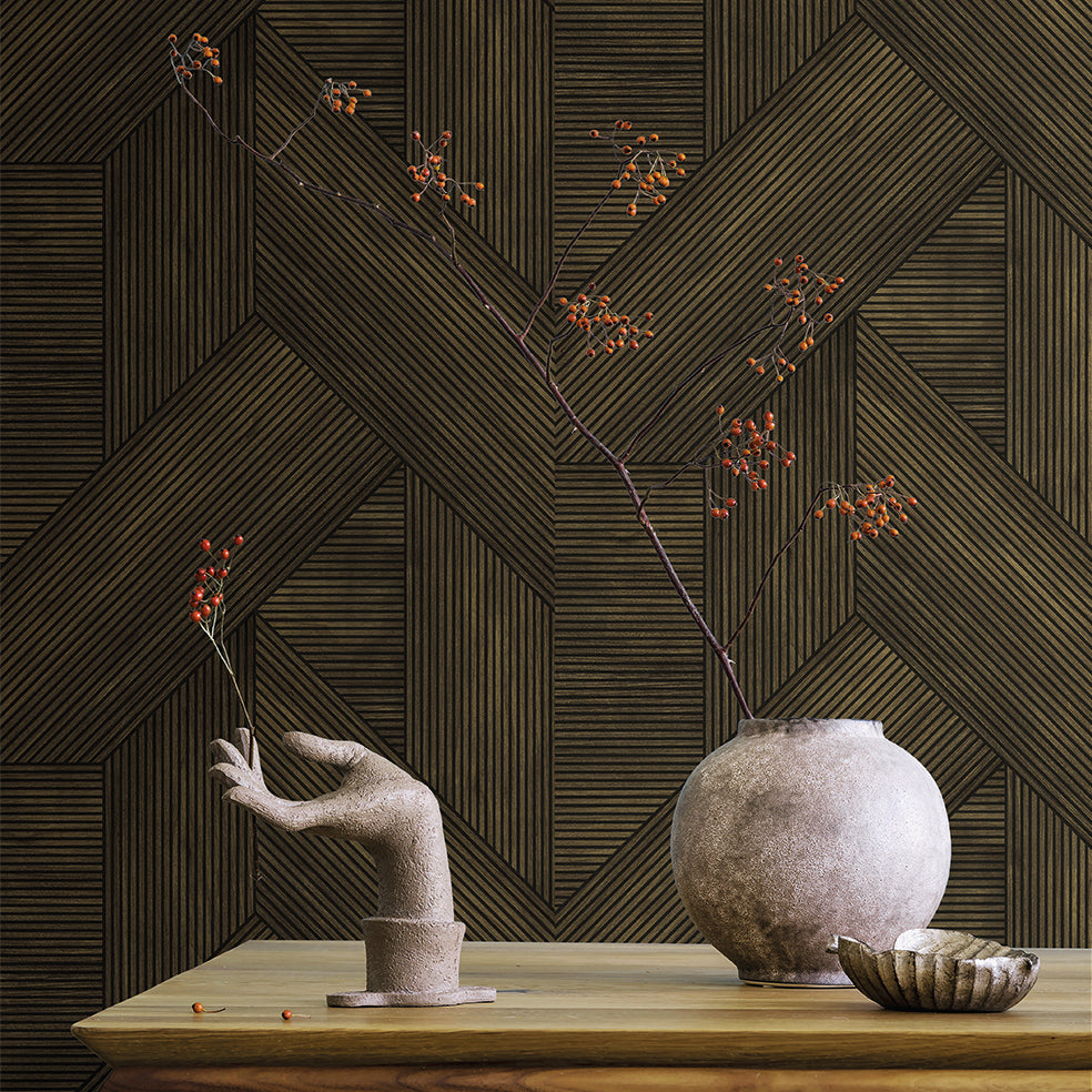 Sculpted Chevron Wood Panels Wallpaper - Brown room view