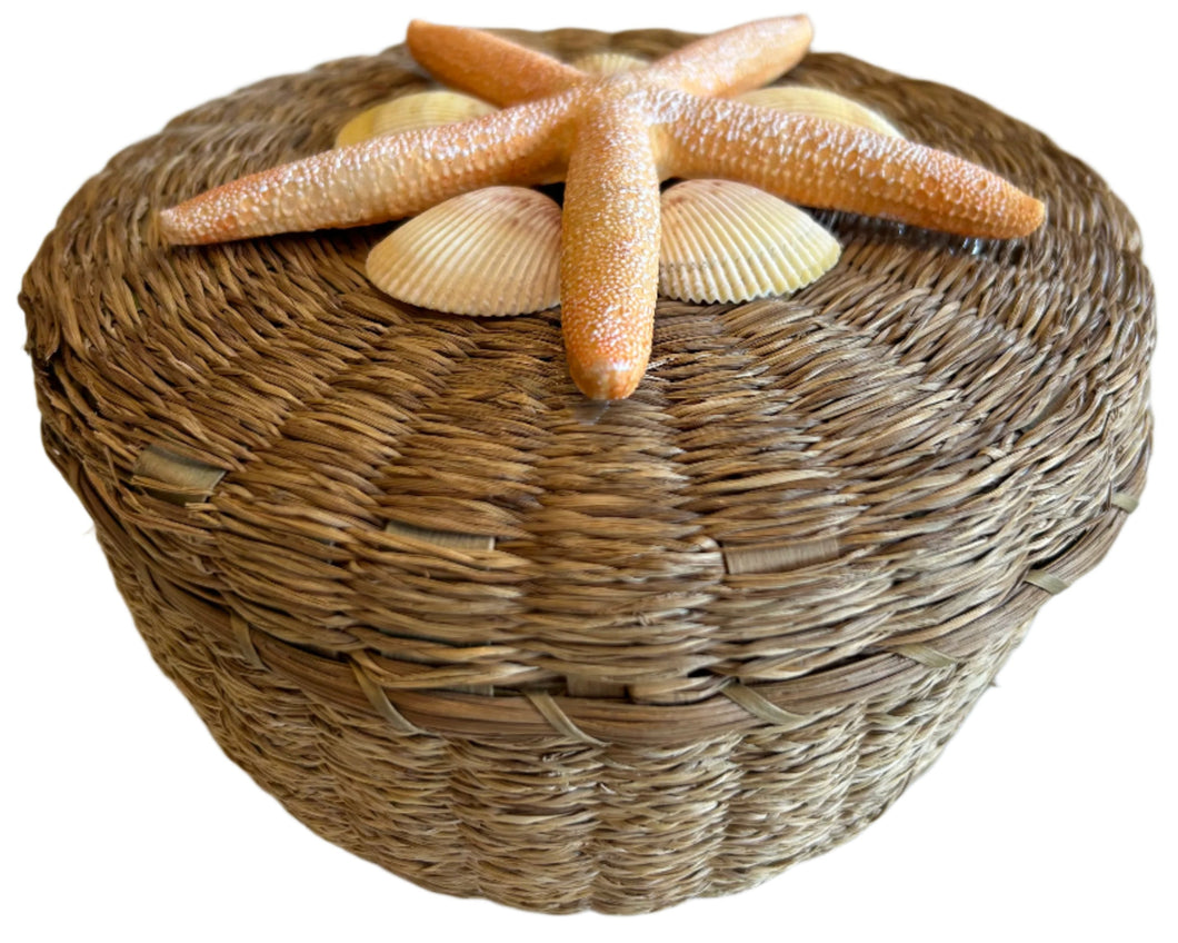 artisan basket with starfish and sea shells