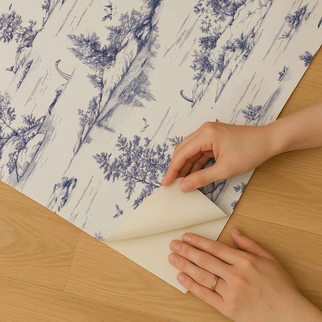 Nessie Novelty Toile Peel and Stick Wallpaper - Blue room view