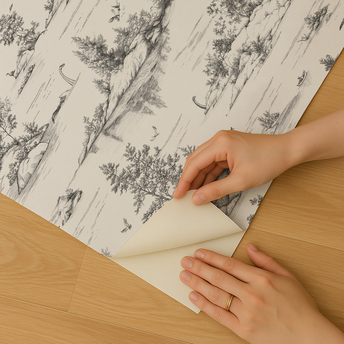 Nessie Novelty Toile Peel and Stick Wallpaper - Gray room view