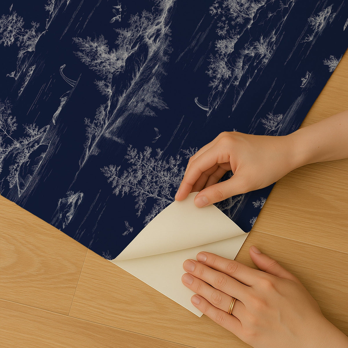 Nessie Novelty Toile Peel and Stick Wallpaper - Navy room view