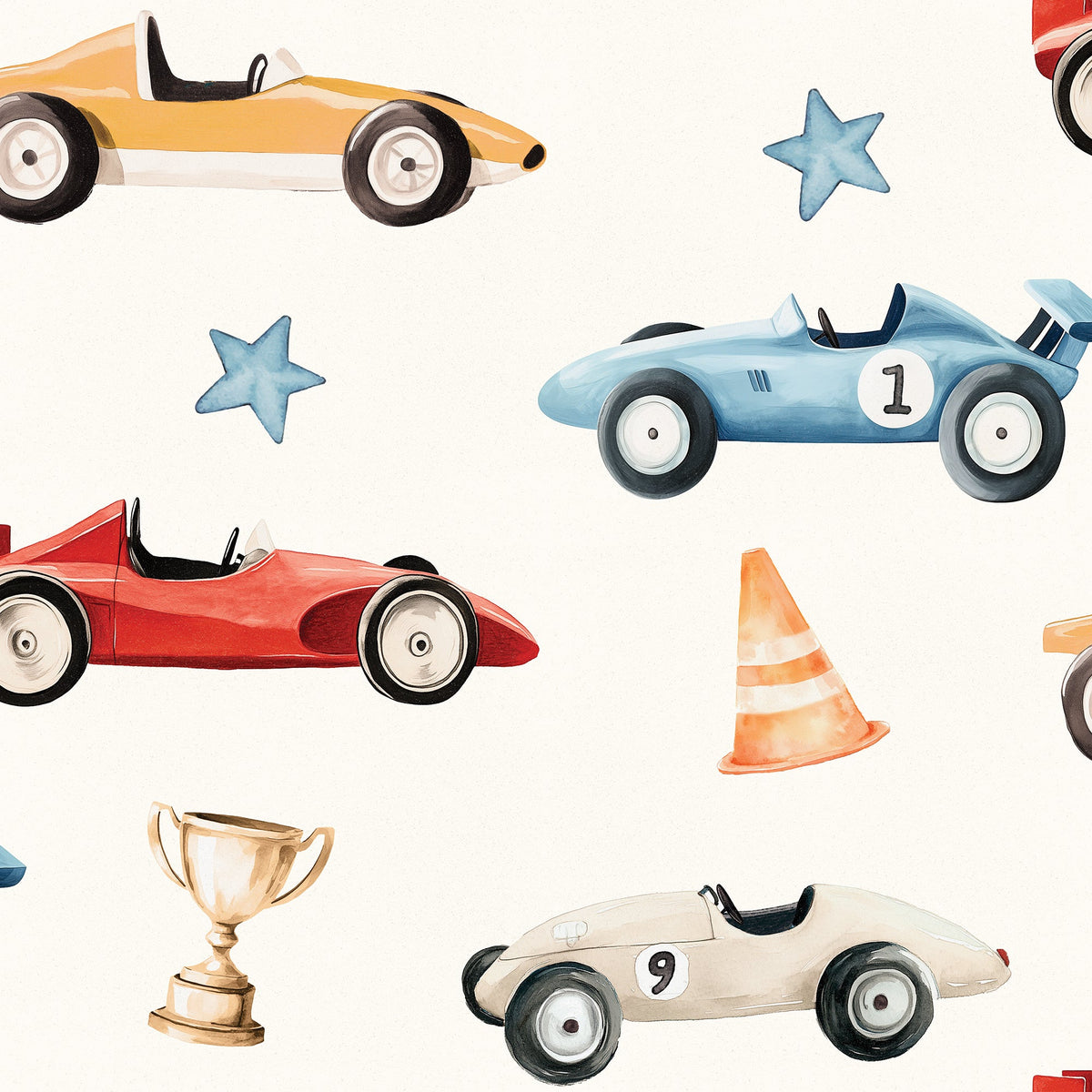 Vintage Race Cars Peel and Stick Wallpaper - Cream pattern