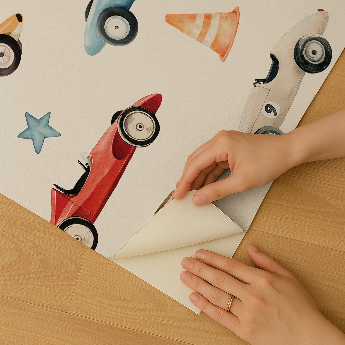 Vintage Race Cars Peel and Stick Wallpaper - Cream room view