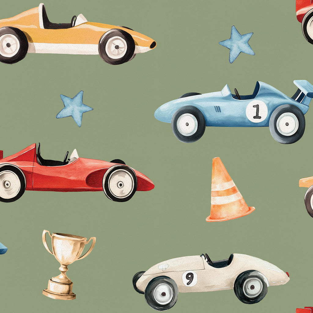 Vintage Race Cars Peel and Stick Wallpaper - Green pattern