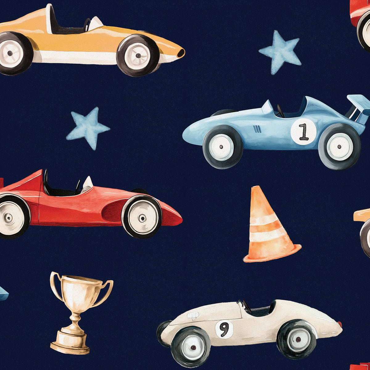Vintage Race Cars Peel and Stick Wallpaper - Navy pattern