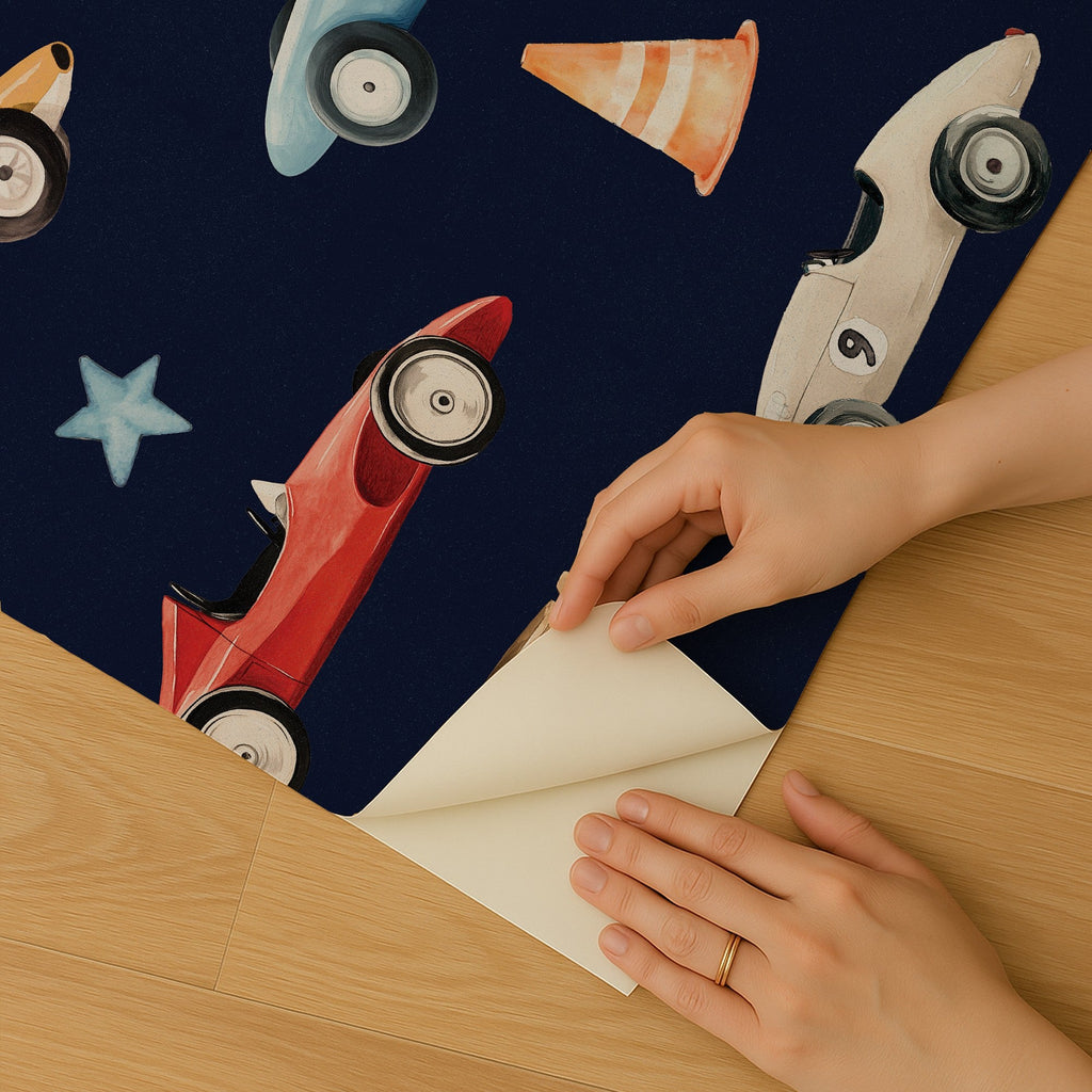 Vintage Race Cars Peel and Stick Wallpaper - Navy room view