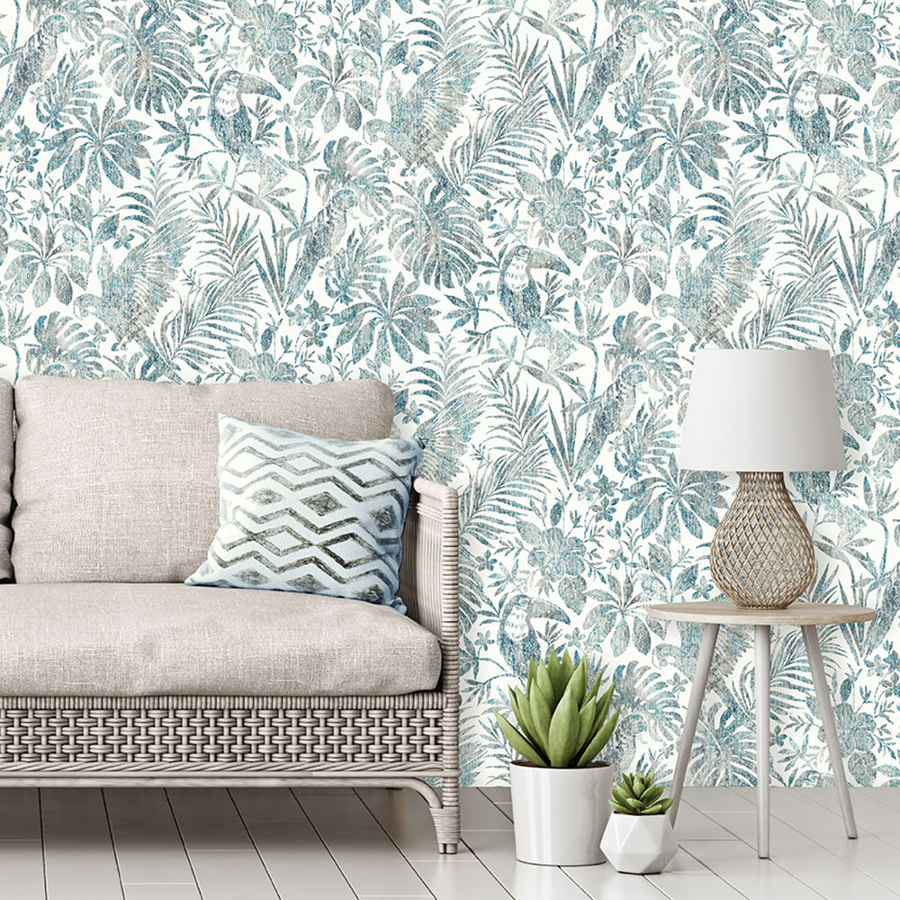 Birdsong Tropic Peel and Stick Wallpaper - Blue room view