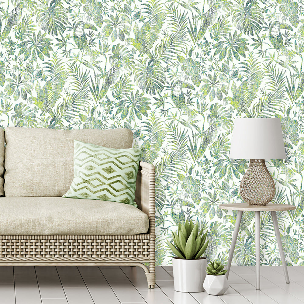 Birdsong Tropic Peel and Stick Wallpaper - Green room view