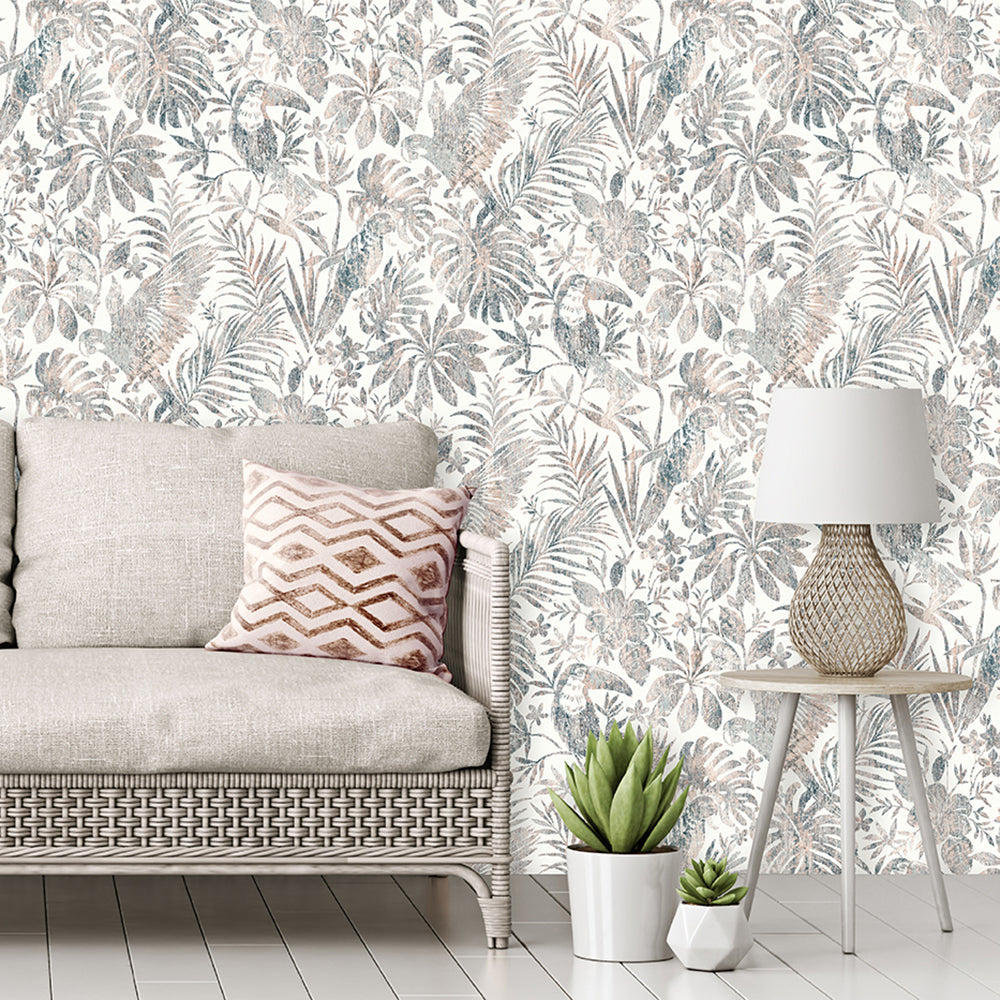 Birdsong Tropic Peel and Stick Wallpaper - Gray room view