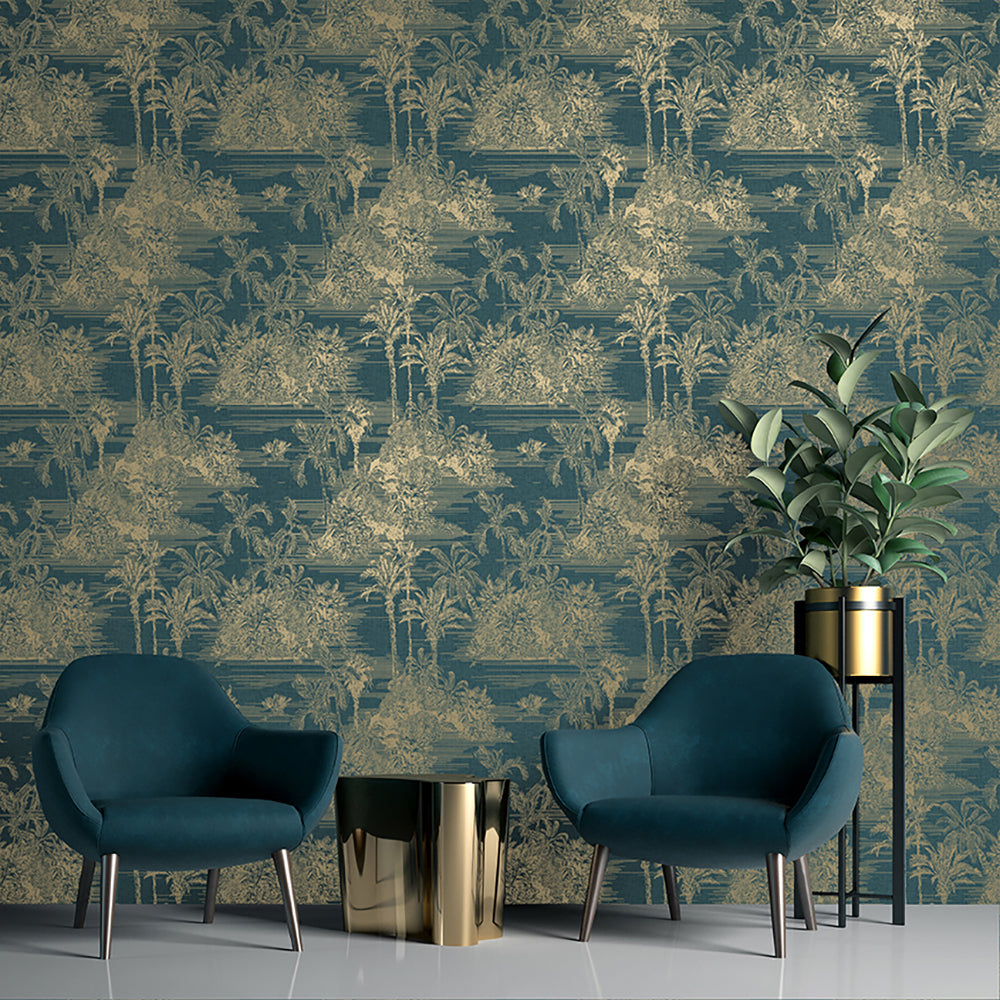 Tropic Archive Toile Peel and Stick Wallpaper - Teal room view