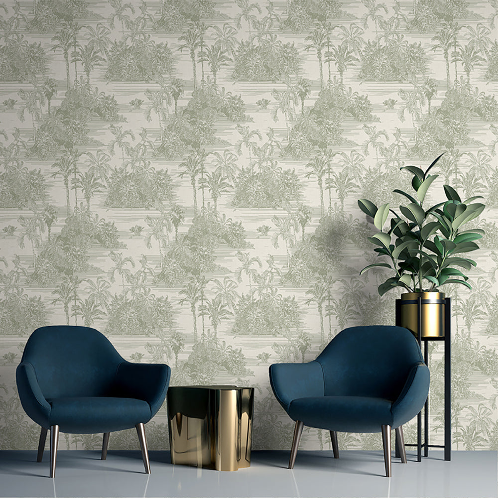 Tropic Archive Toile Peel and Stick Wallpaper - Green room view