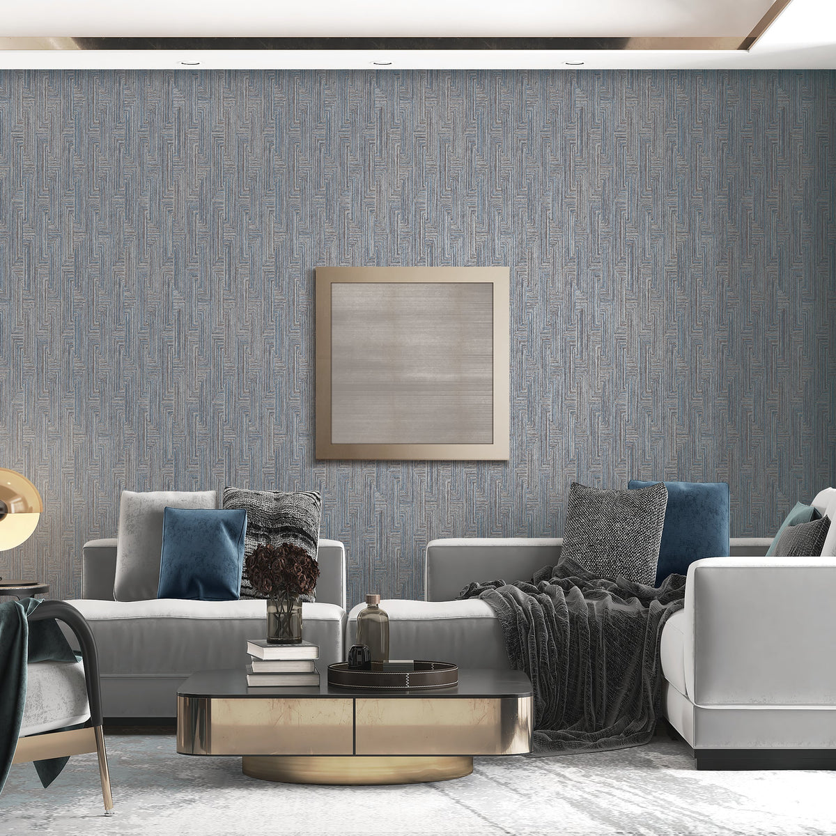 Threadline Geo Stitch Wallpaper - Blue room view