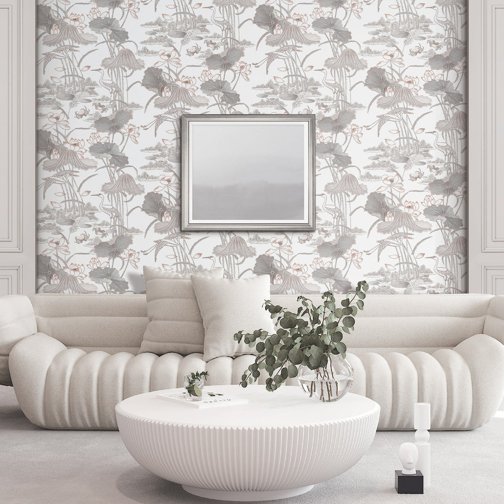 Lotus Pond Tapestry Wallpaper - Gray room view
