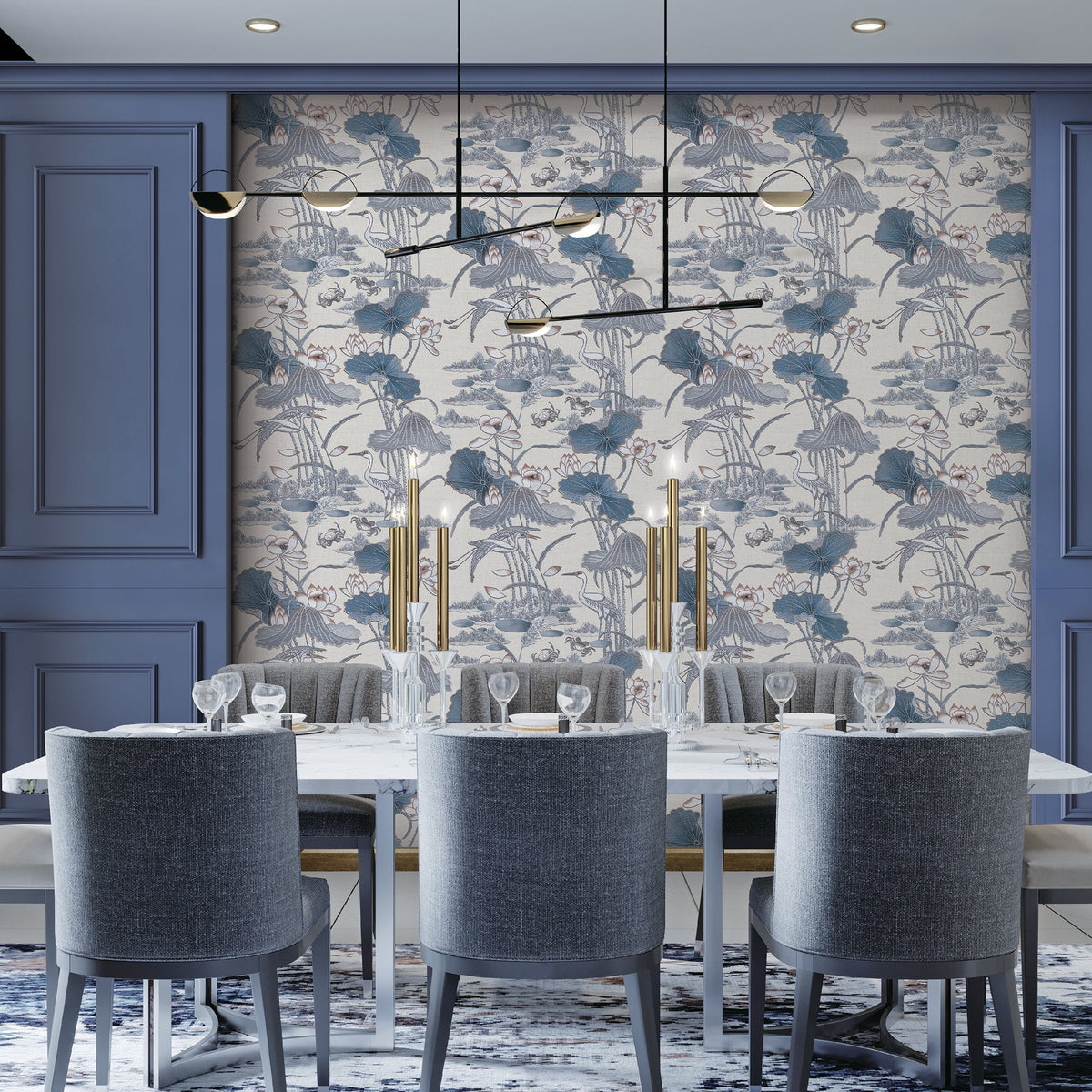 Lotus Pond Tapestry Wallpaper - Blue room view