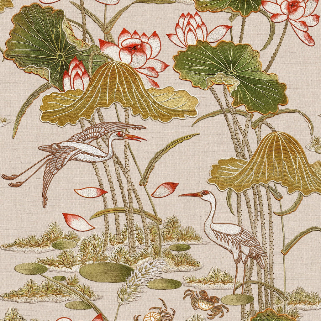 Lotus Pond Tapestry Wallpaper - Beige pattern
