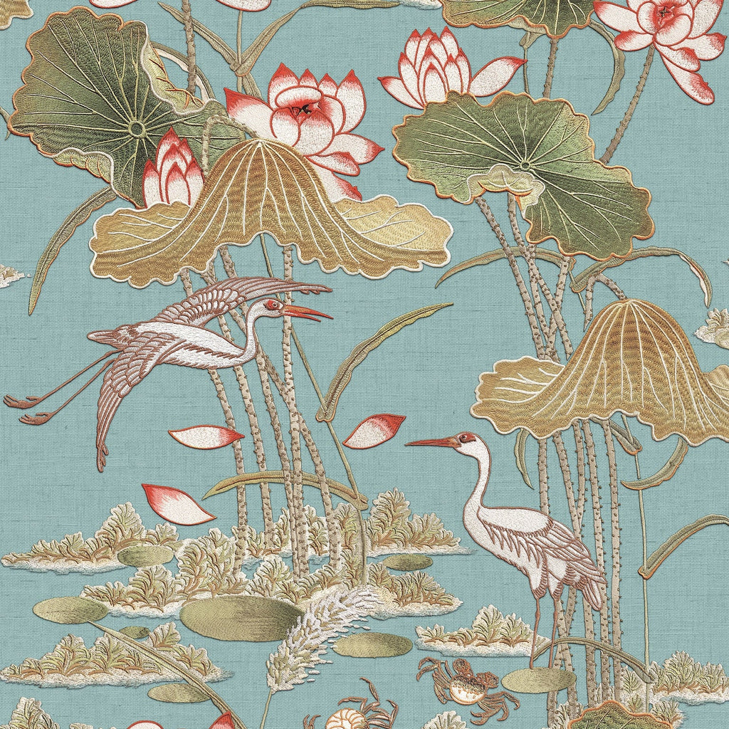 Lotus Pond Tapestry Wallpaper - Teal pattern