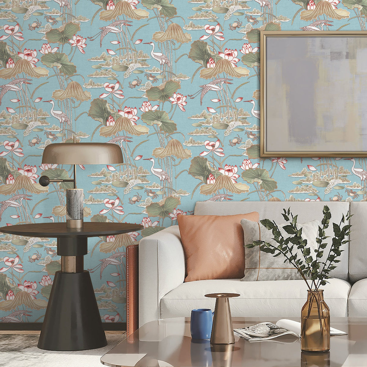 Lotus Pond Tapestry Wallpaper - Teal room view