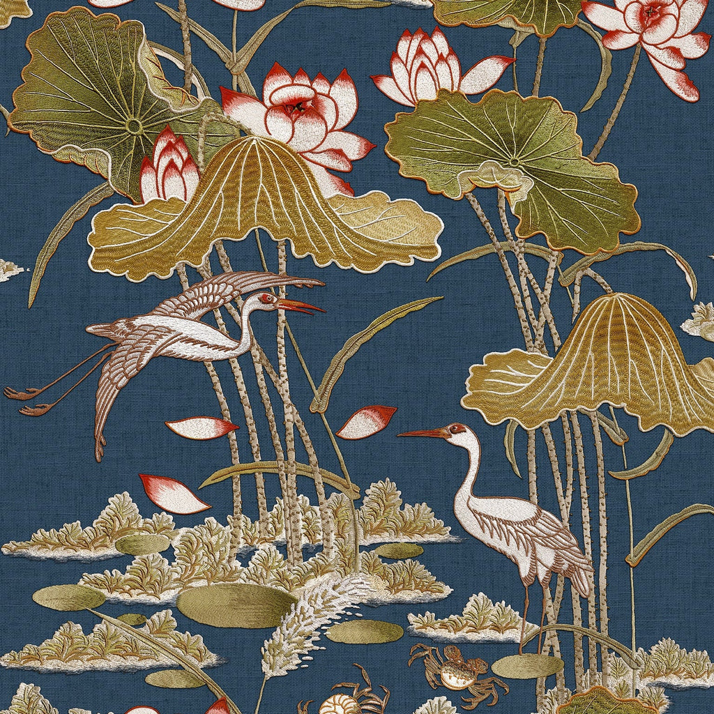 Lotus Pond Tapestry Wallpaper - Navy pattern
