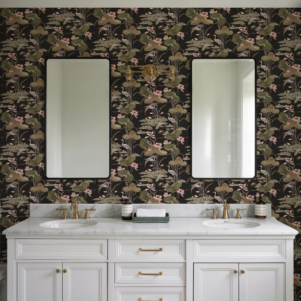 Lotus Pond Tapestry Wallpaper - Black room view