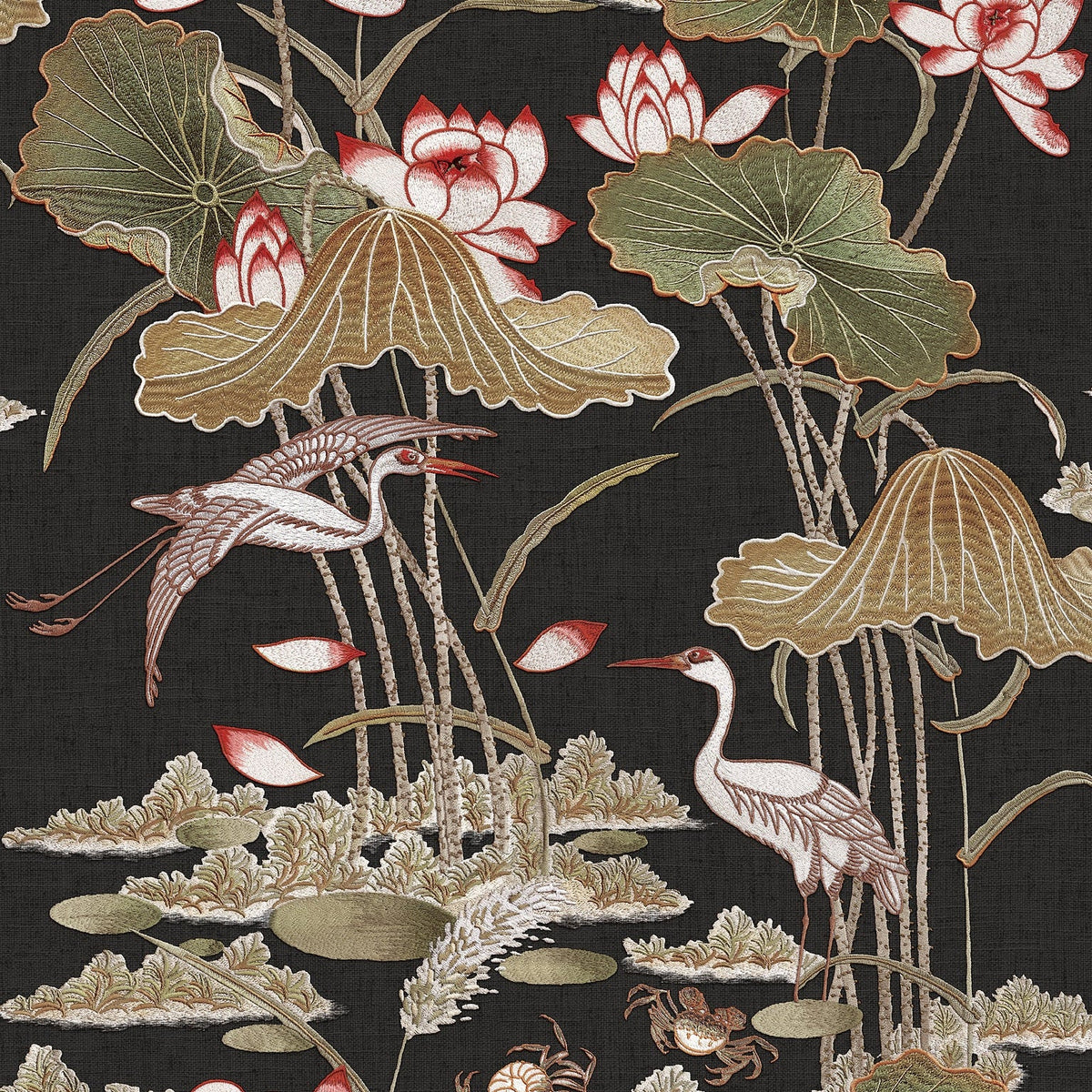 Lotus Pond Tapestry Wallpaper - Black pattern
