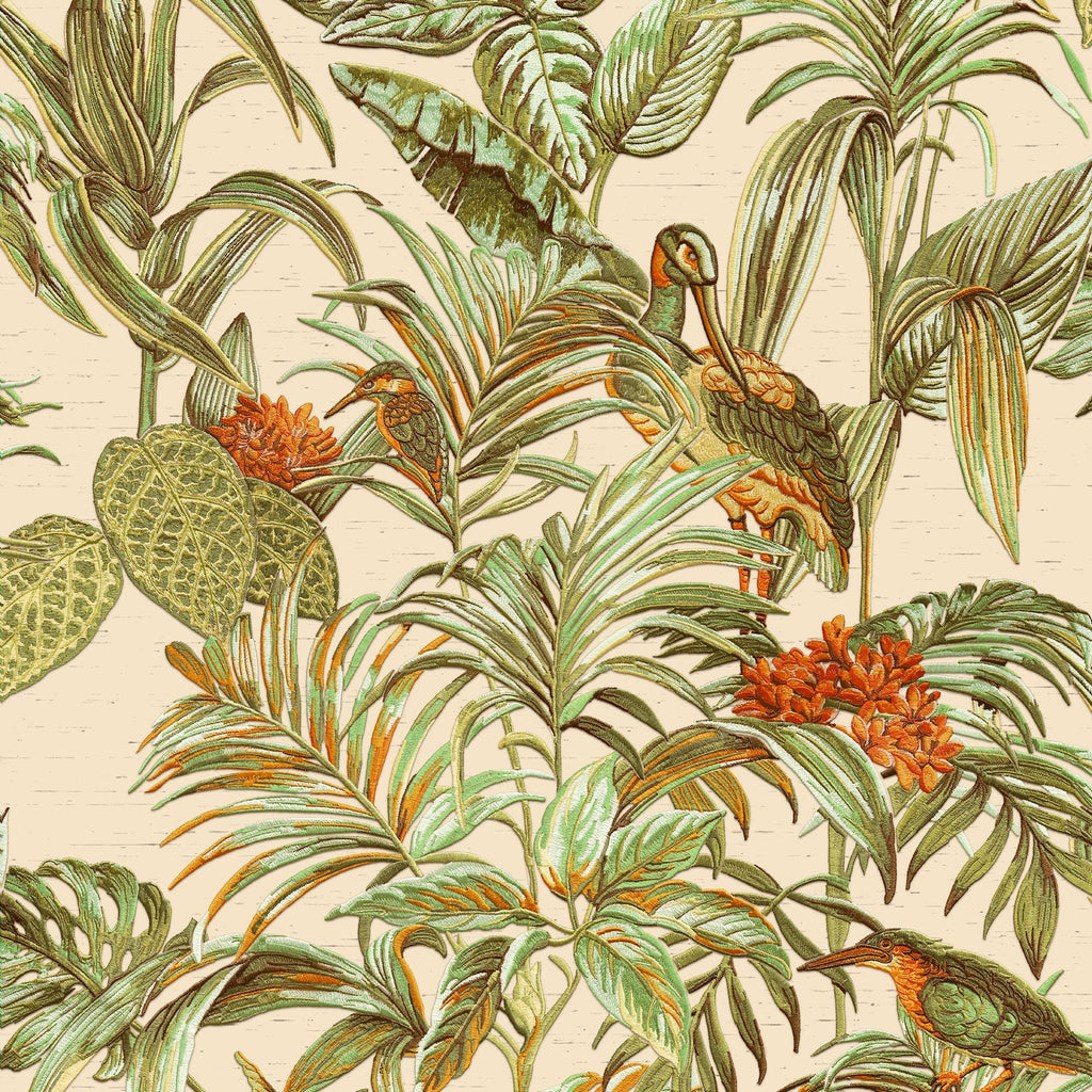 Bird of Paradise Wallpaper - Green&Beige pattern
