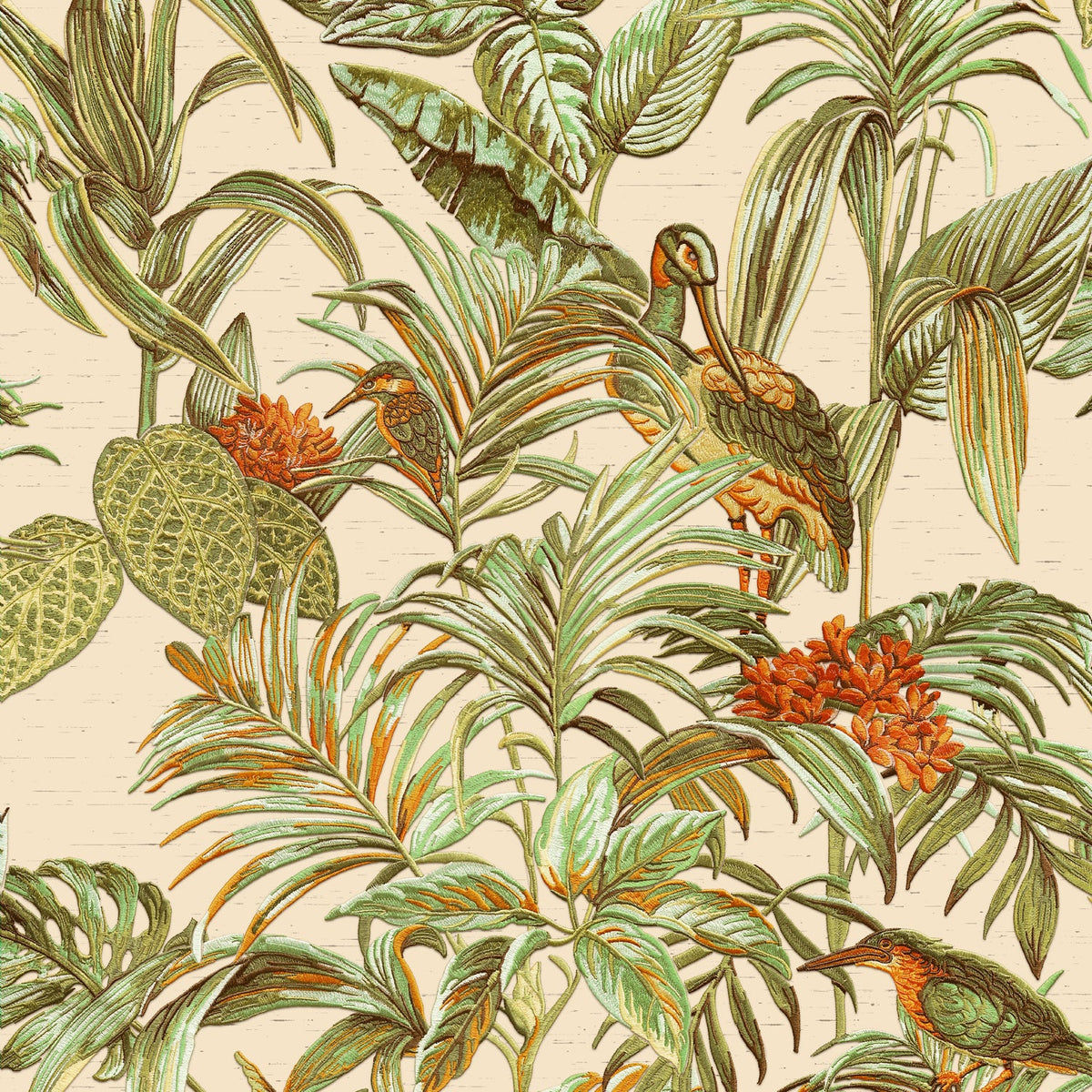 Bird of Paradise Wallpaper - Green&Beige pattern