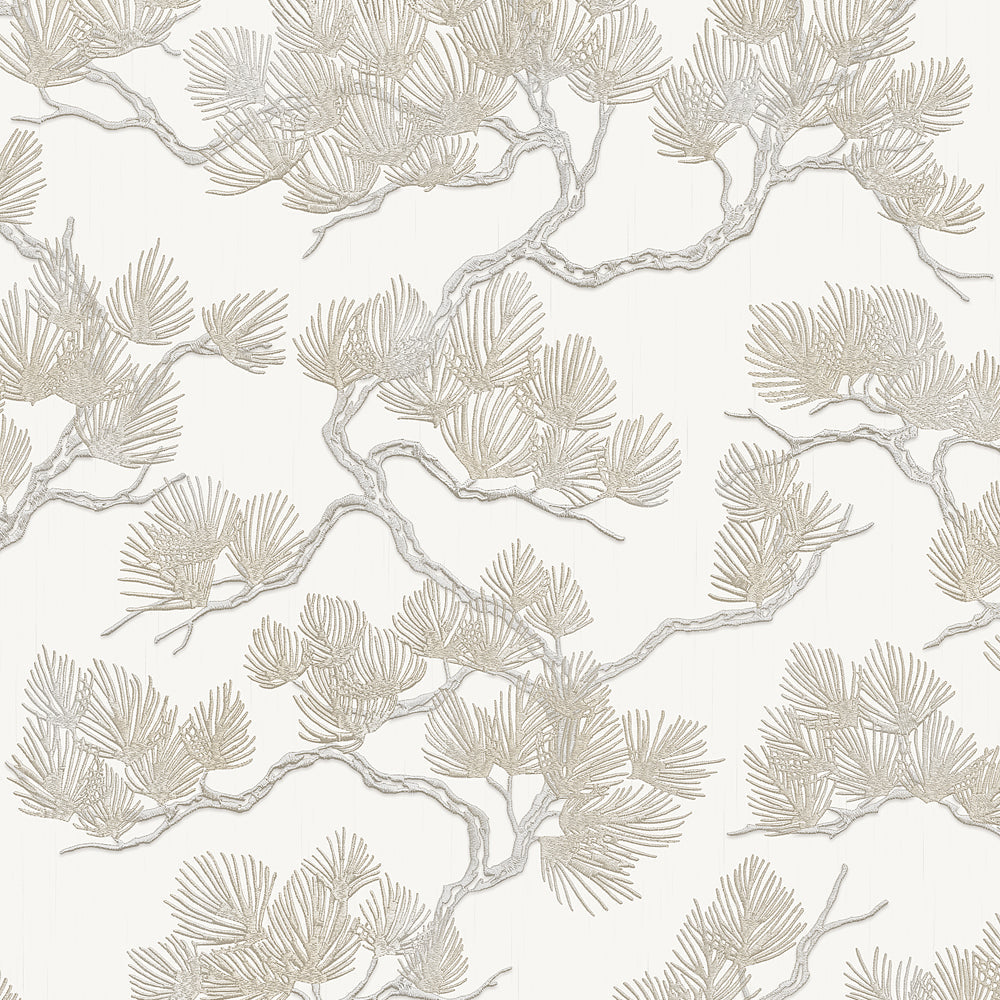 Embroidered Pine Tree Wallpaper - Beige pattern