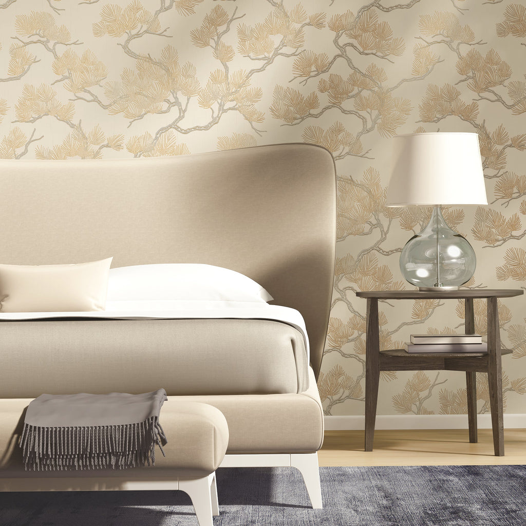 Embroidered Pine Tree Wallpaper - Gold room view