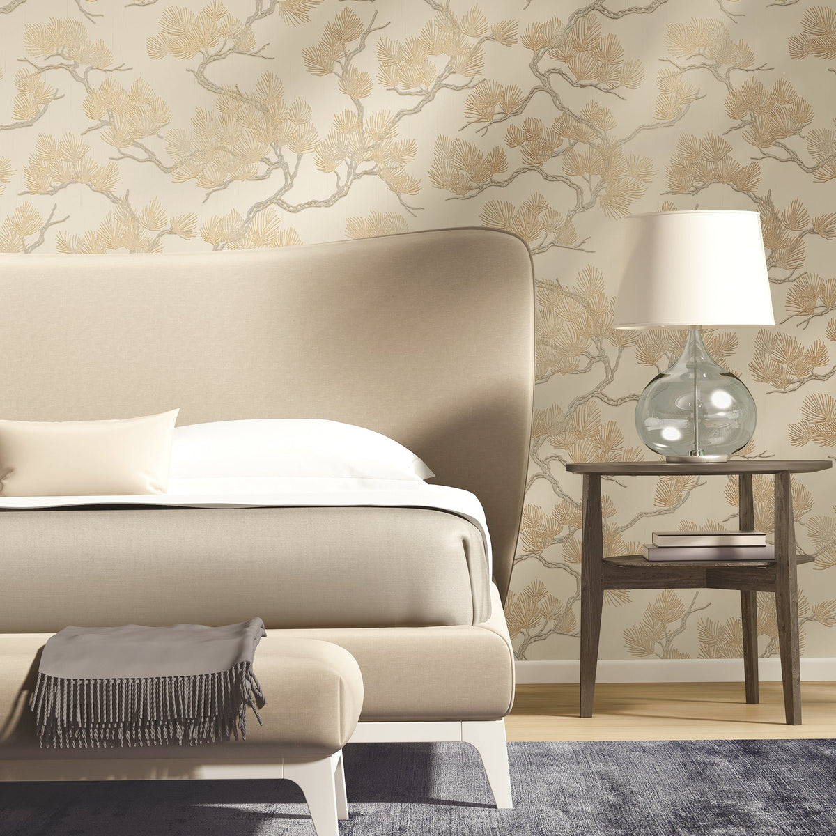 Embroidered Pine Tree Wallpaper - Gold room view