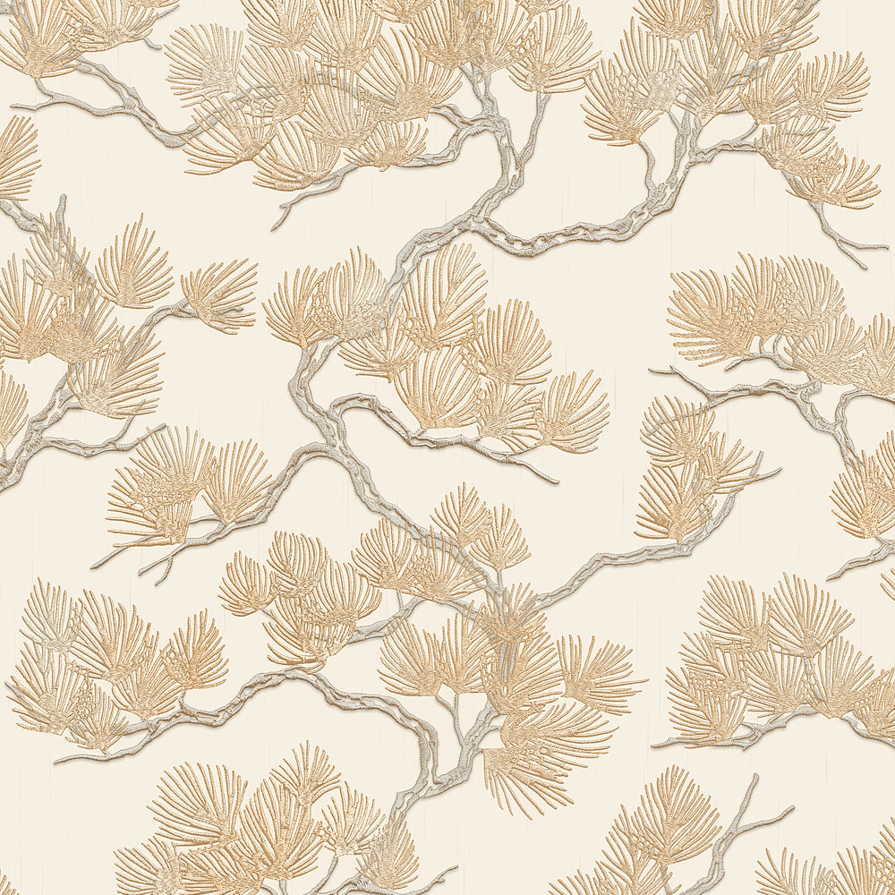 Embroidered Pine Tree Wallpaper - Gold pattern