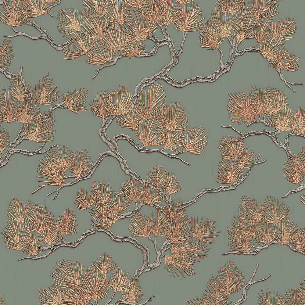 Embroidered Pine Tree Wallpaper - Sage pattern